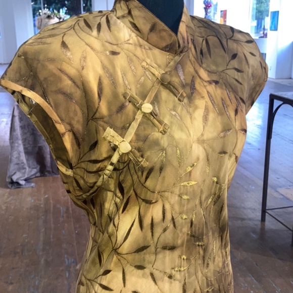 Golden brown leafs print Asian style maxi dress - Picture 5 of 15